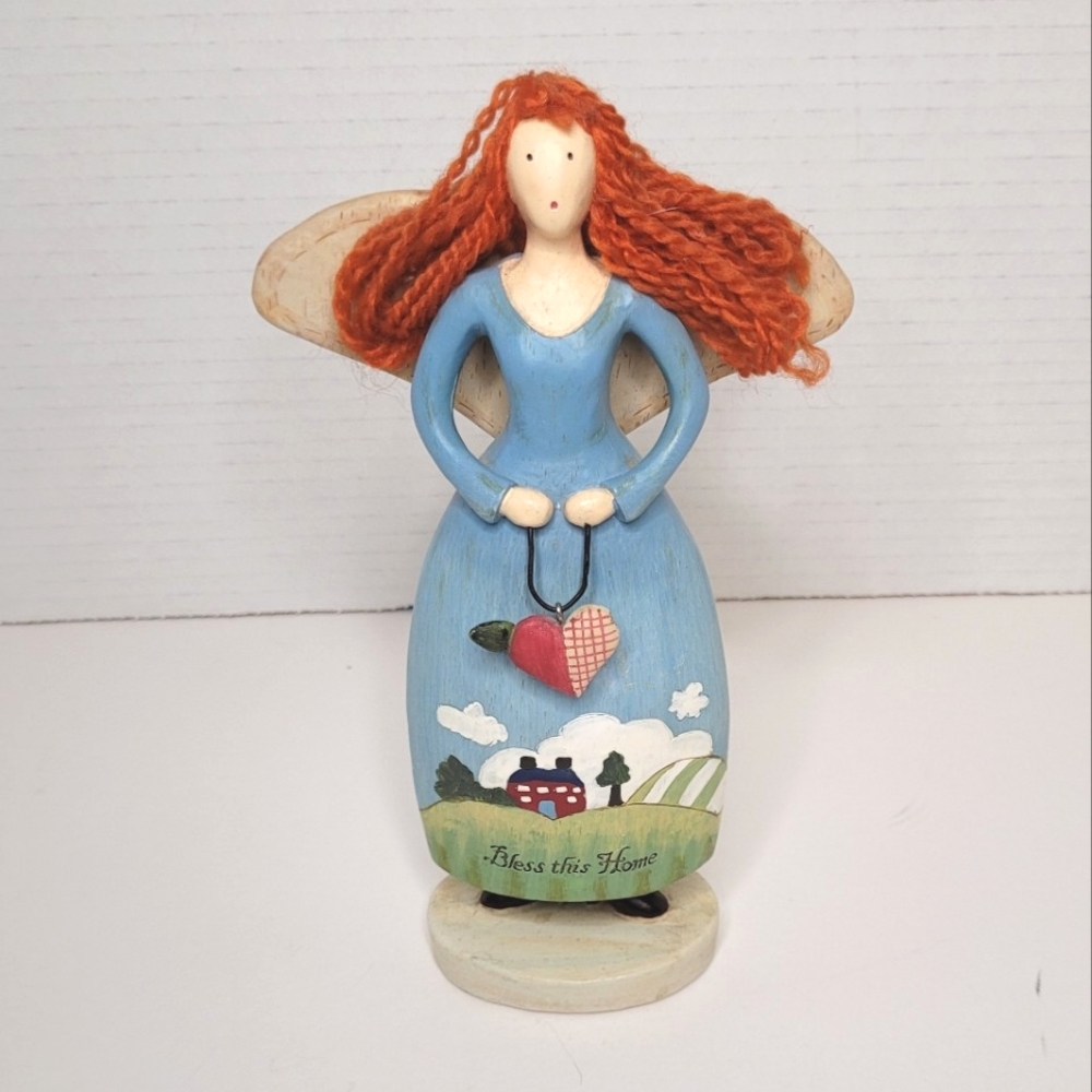 Country Gatherings Bless This Home   Russ Berrie Red Haired Angel Statuette Vtg